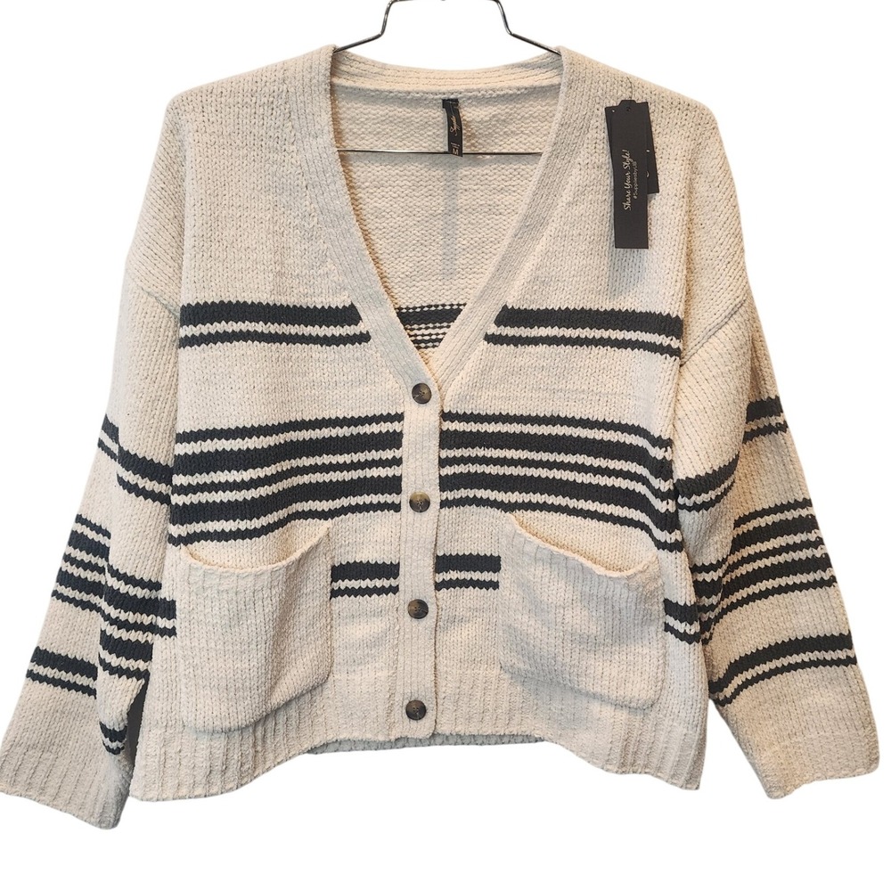 Supplies by Unionbay Women's Striped Cardigan Button Front Pockets Beige Black M